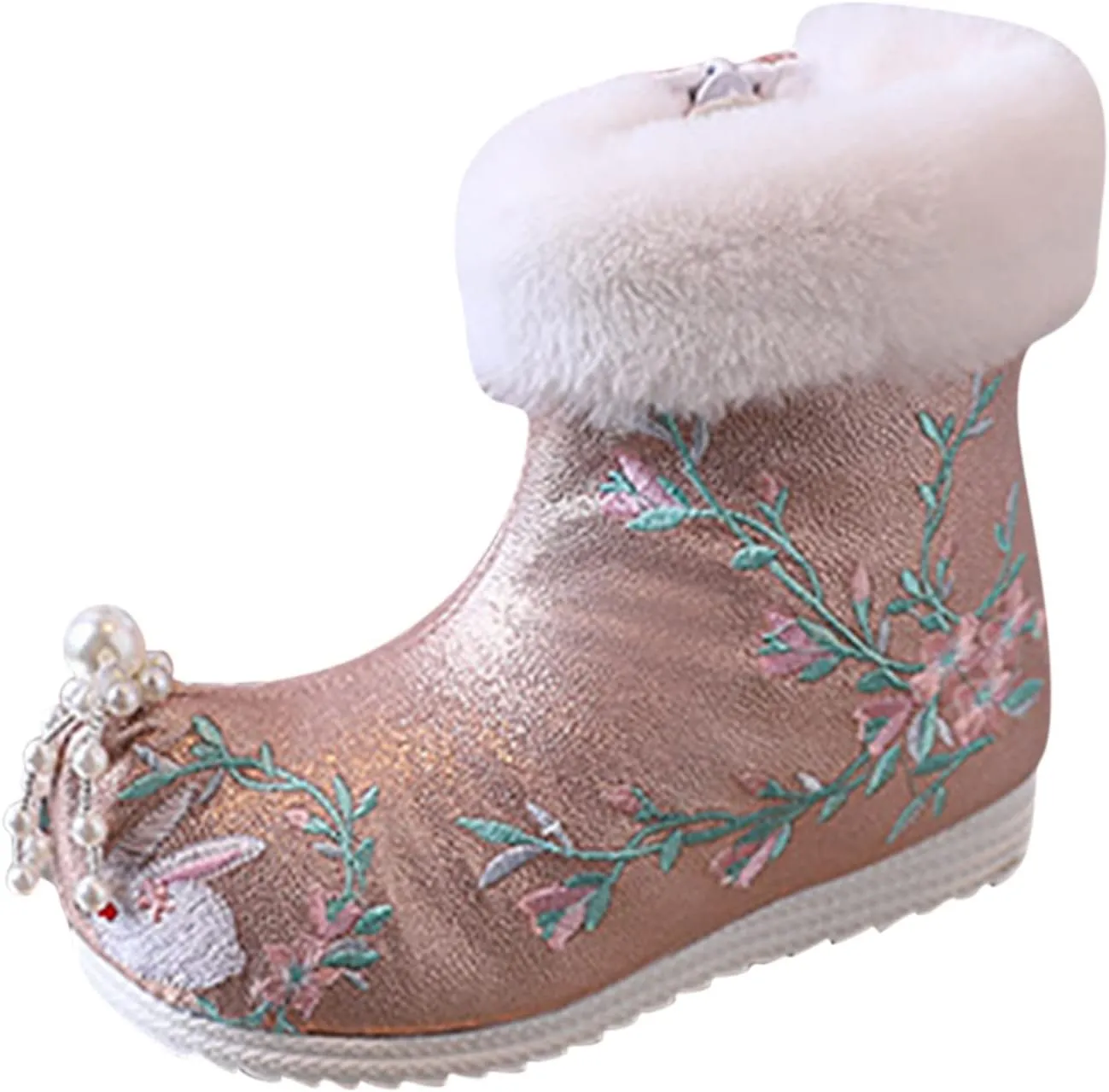 Soft Bottom Boots Baby Girls Ankle Pearl Boots Warm Cotton Boots Embroidered Boots National Boots (B, 12.5 Little Child)