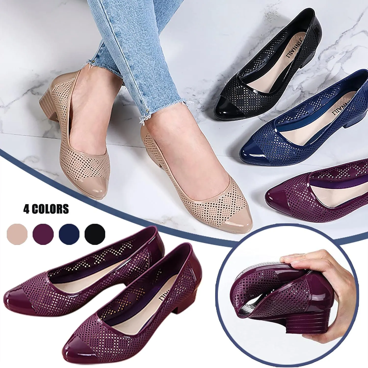 Soft Sole Sandals for Women Casual Summer Pointed Toe Closed Toe Mesh Hollow Breathable Shallow Mouth Slip-on Block Heel Medium Heel Pump Shoes