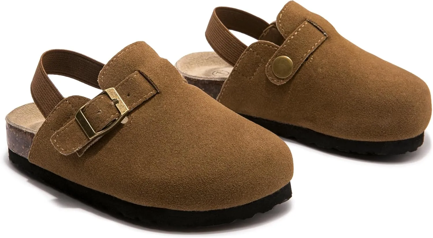 Soft Suede Kids Clogs for Toddlers - Adjustable Buckle Slip-On Mules for Boys & Girls, Featuring Cork Footbeds & Leather Details, Stylish & Comfortable Potato Shoes