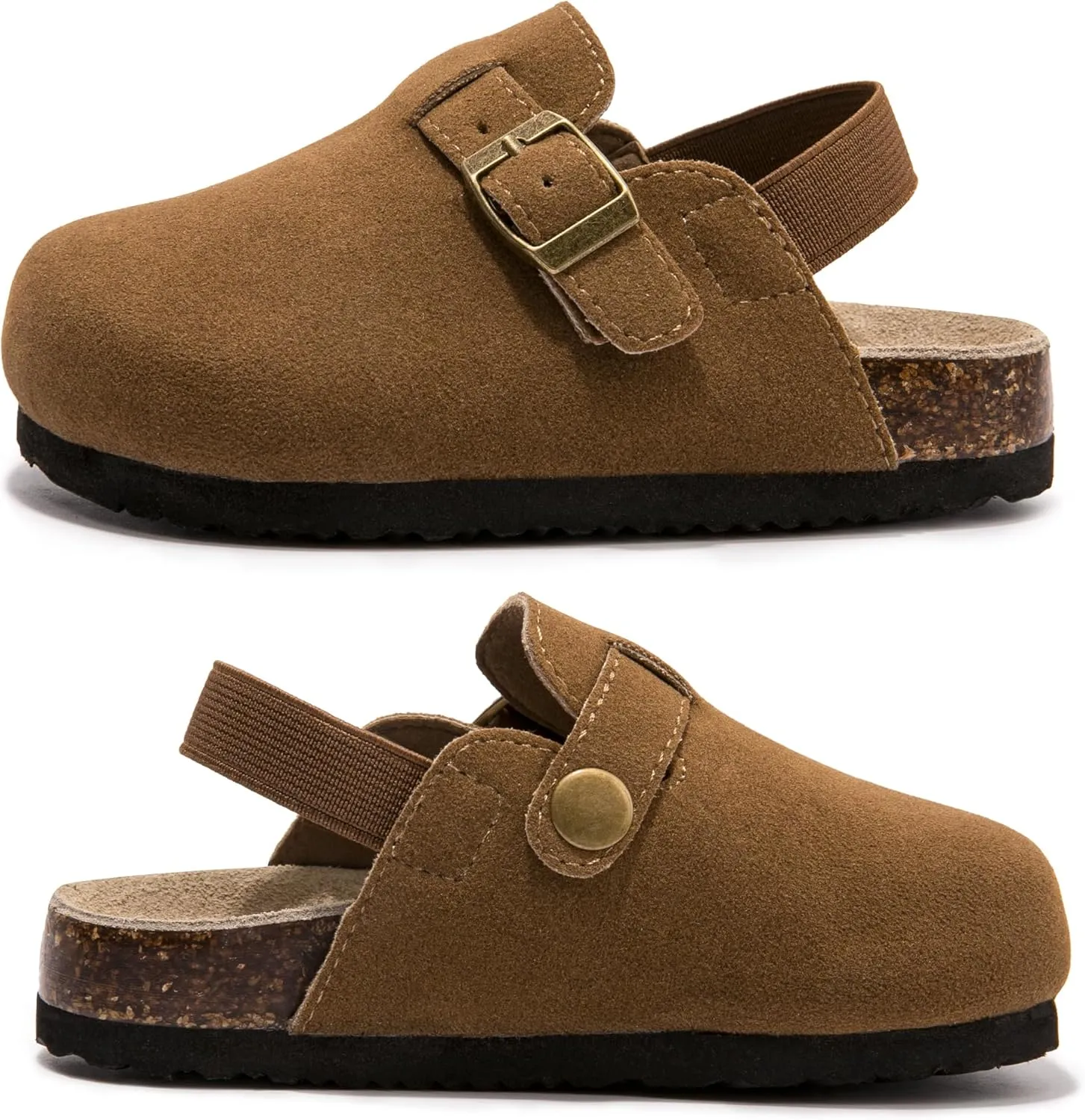 Soft Suede Kids Clogs for Toddlers - Adjustable Buckle Slip-On Mules for Boys & Girls, Featuring Cork Footbeds & Leather Details, Stylish & Comfortable Potato Shoes