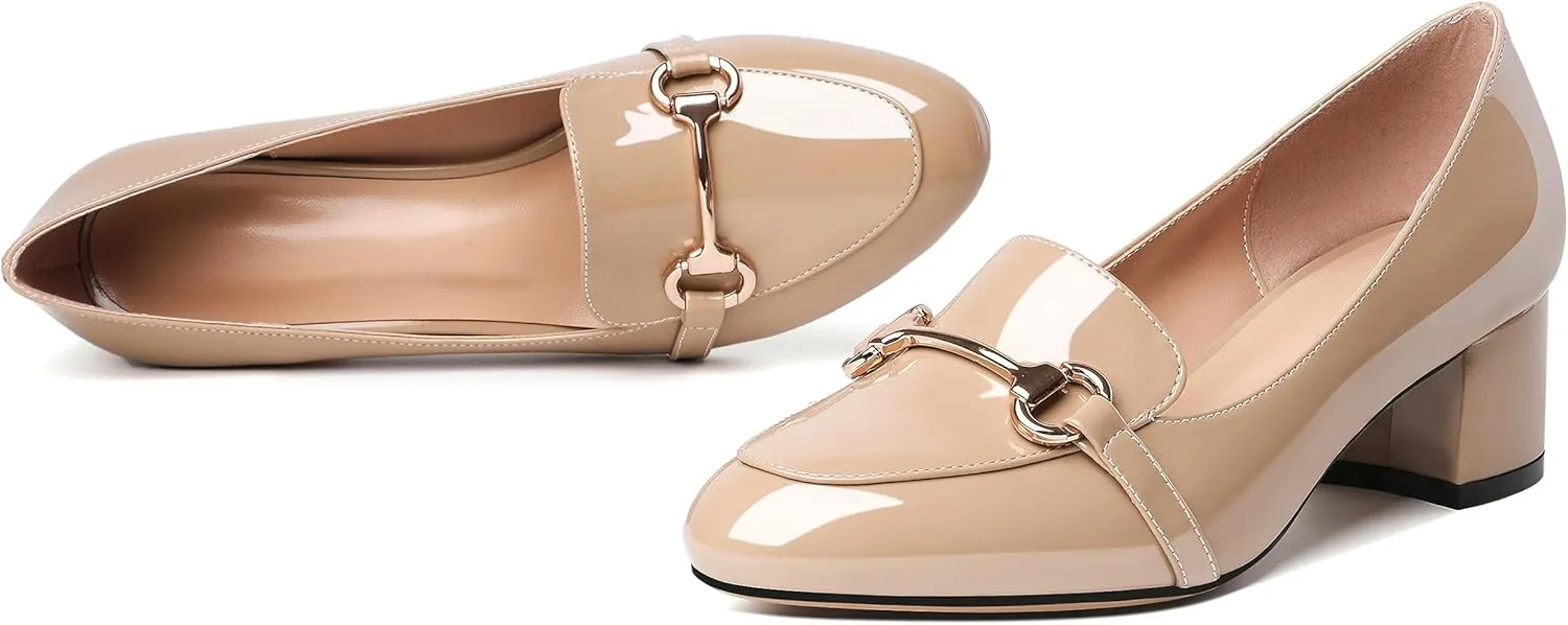 Soireelady Loafers Heels for Women ，Ladies Chunky Heels with Chains, Closed Round Toe Heels Comfortable Shoes, 2‘’ Slip On Heels Low Pumps for Women Office Wedding Evening
