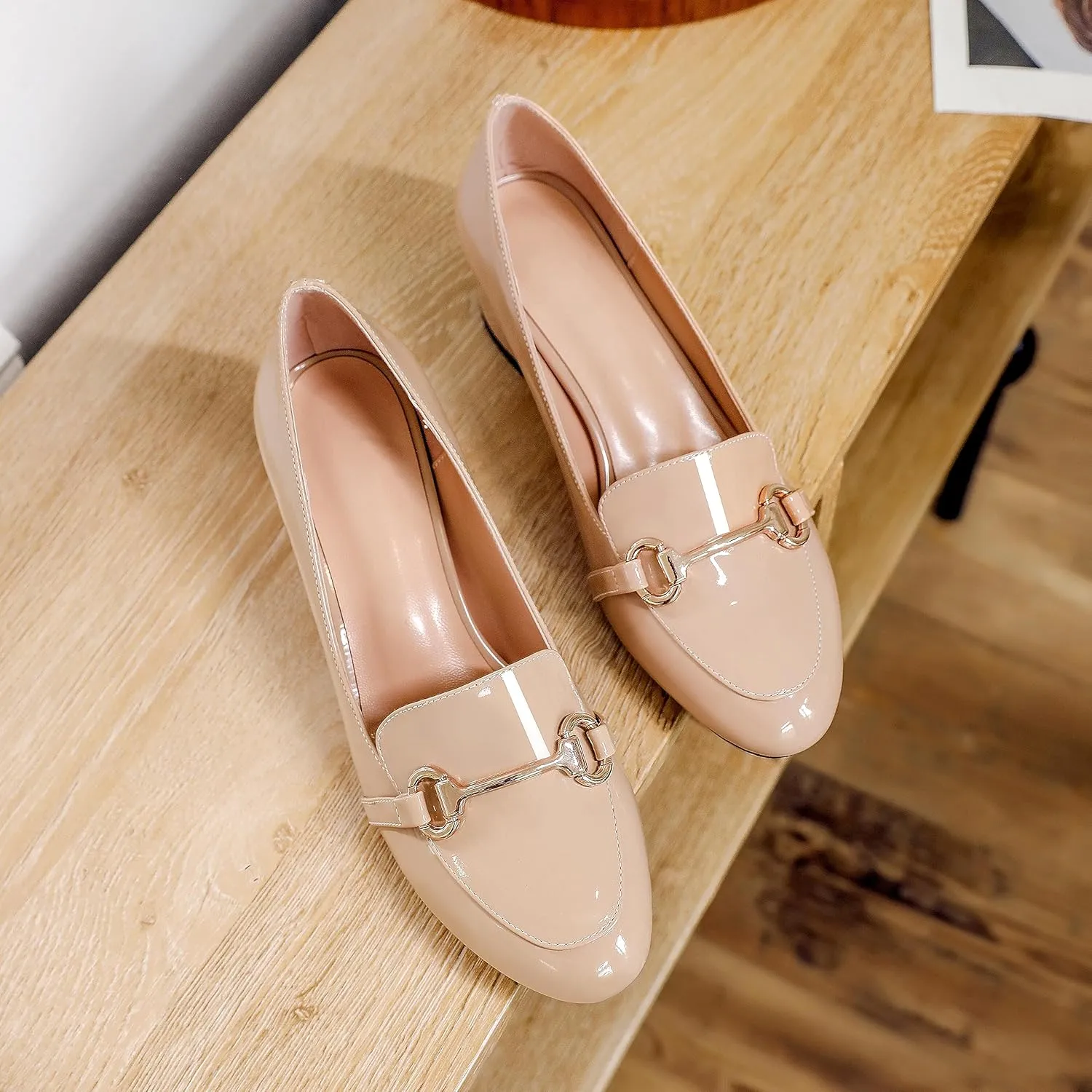 Soireelady Loafers Heels for Women ，Ladies Chunky Heels with Chains, Closed Round Toe Heels Comfortable Shoes, 2‘’ Slip On Heels Low Pumps for Women Office Wedding Evening