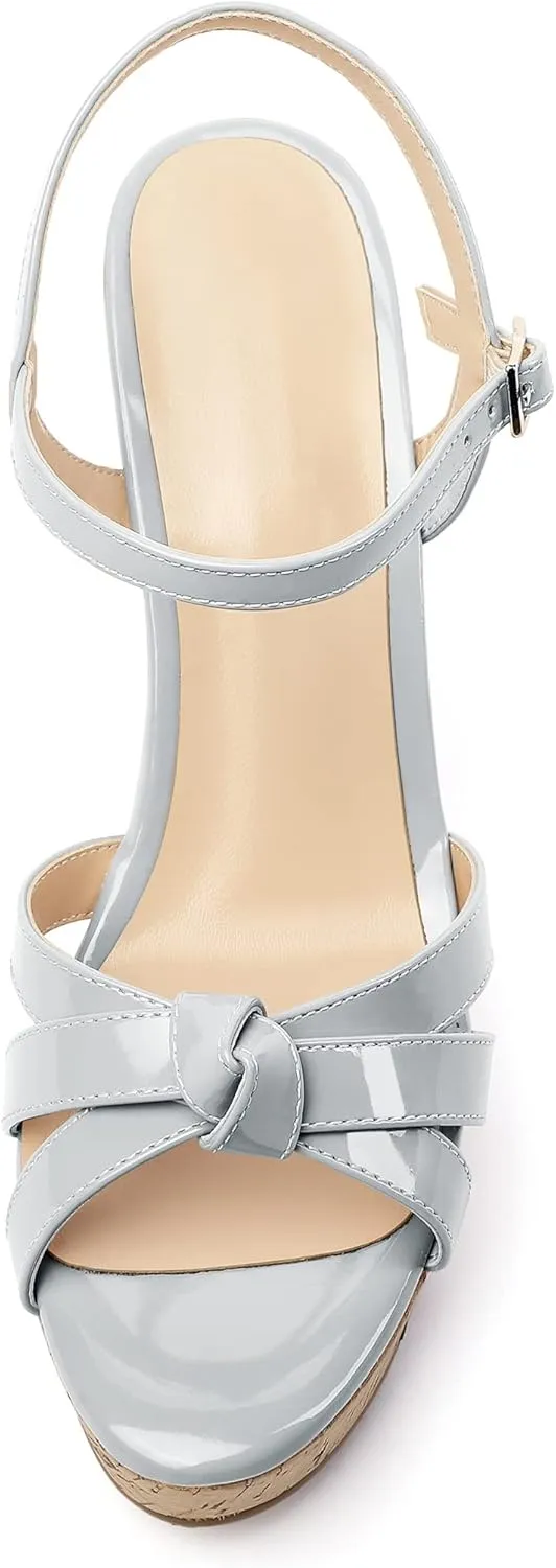 Soireelady Women's Platform Sandals Wooden Wedges Heel 4Inch Open Toe Bow Tie Summer Dress Shoes for Women