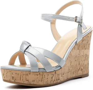 Soireelady Women's Platform Sandals Wooden Wedges Heel 4Inch Open Toe Bow Tie Summer Dress Shoes for Women
