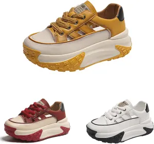 SOLPNOW Women's Leather Breathable Hollow Casual Sneakers,Lace Up Non-Slip Shock Absorbing Heighten Running Sneakers