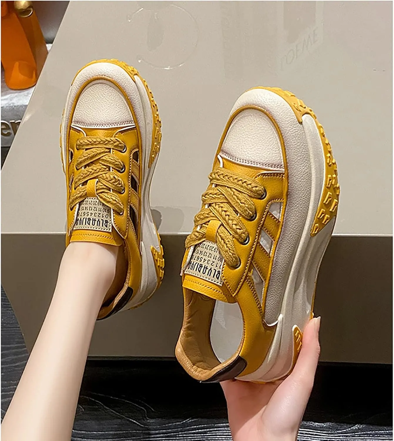 SOLPNOW Women's Leather Breathable Hollow Casual Sneakers,Lace Up Non-Slip Shock Absorbing Heighten Running Sneakers