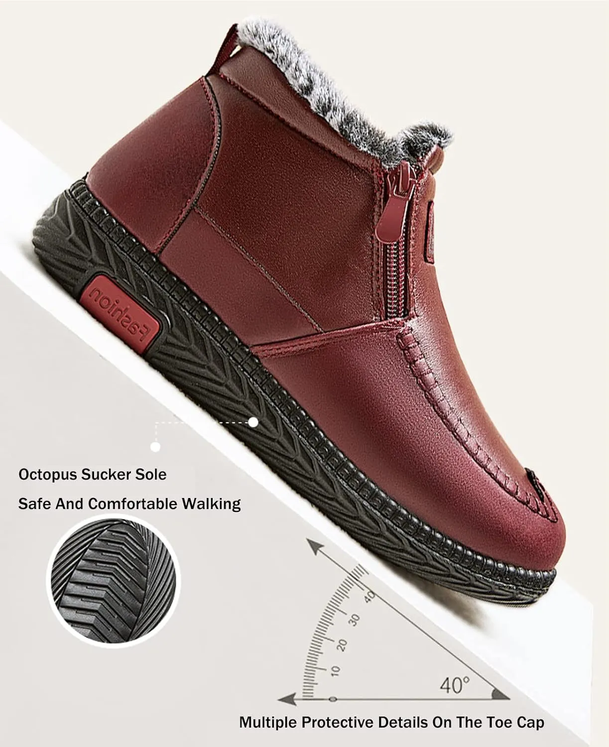 SOLPNOW Women's Leather Fleece Warm Flat Ankle Cotton Shoes, Winter Front Zipper Anti-Slip Waterproof Soft Sole MAMA Shoes