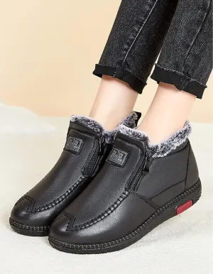 SOLPNOW Women's Leather Fleece Warm Flat Ankle Cotton Shoes, Winter Front Zipper Anti-Slip Waterproof Soft Sole MAMA Shoes
