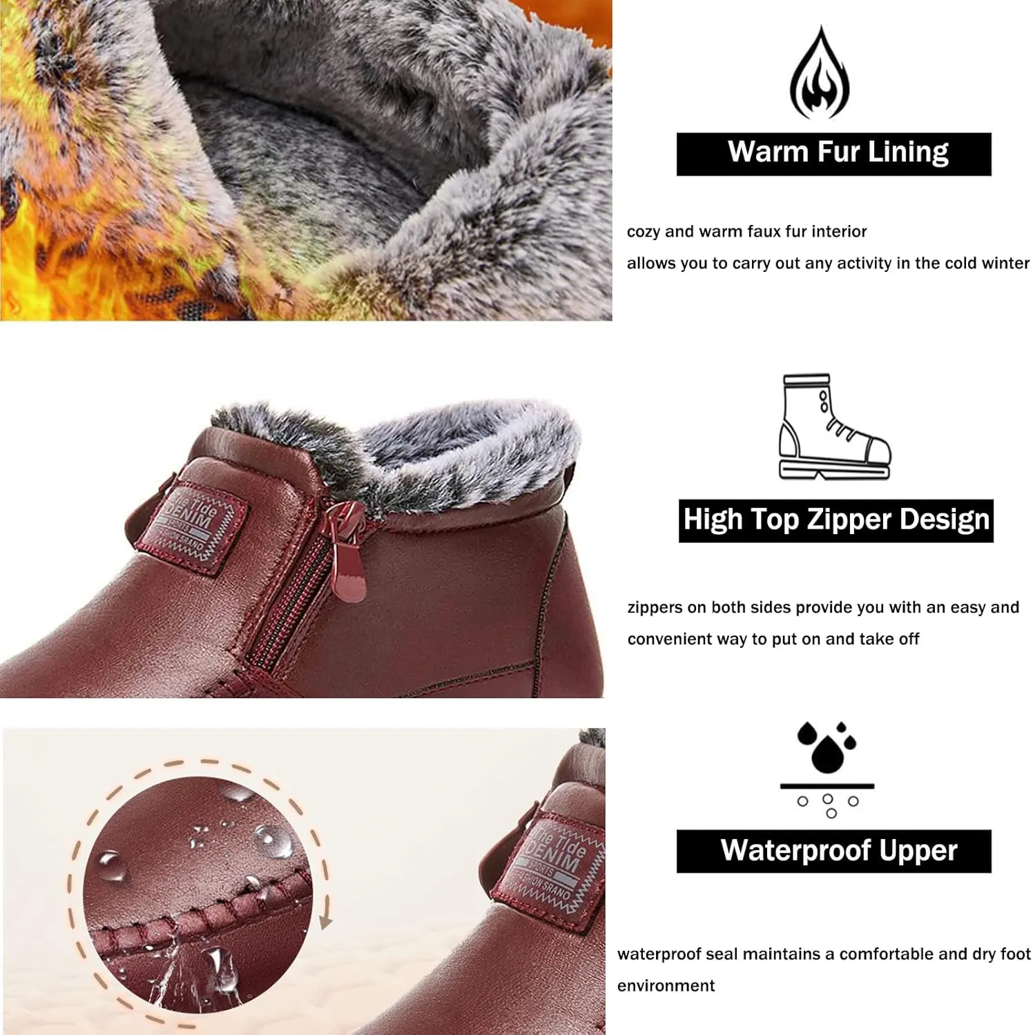 SOLPNOW Women's Leather Fleece Warm Flat Ankle Cotton Shoes, Winter Front Zipper Anti-Slip Waterproof Soft Sole MAMA Shoes