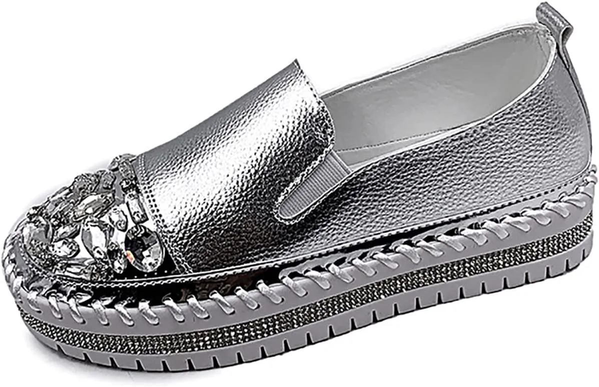 SOLPNOW Women'S Rhinestone Platform Loafers Round Toe Flats,Slip-On Fashionable Low-Cut Casual Shoes with Increase Height,Comfortable Non-Slip Walking Shoes