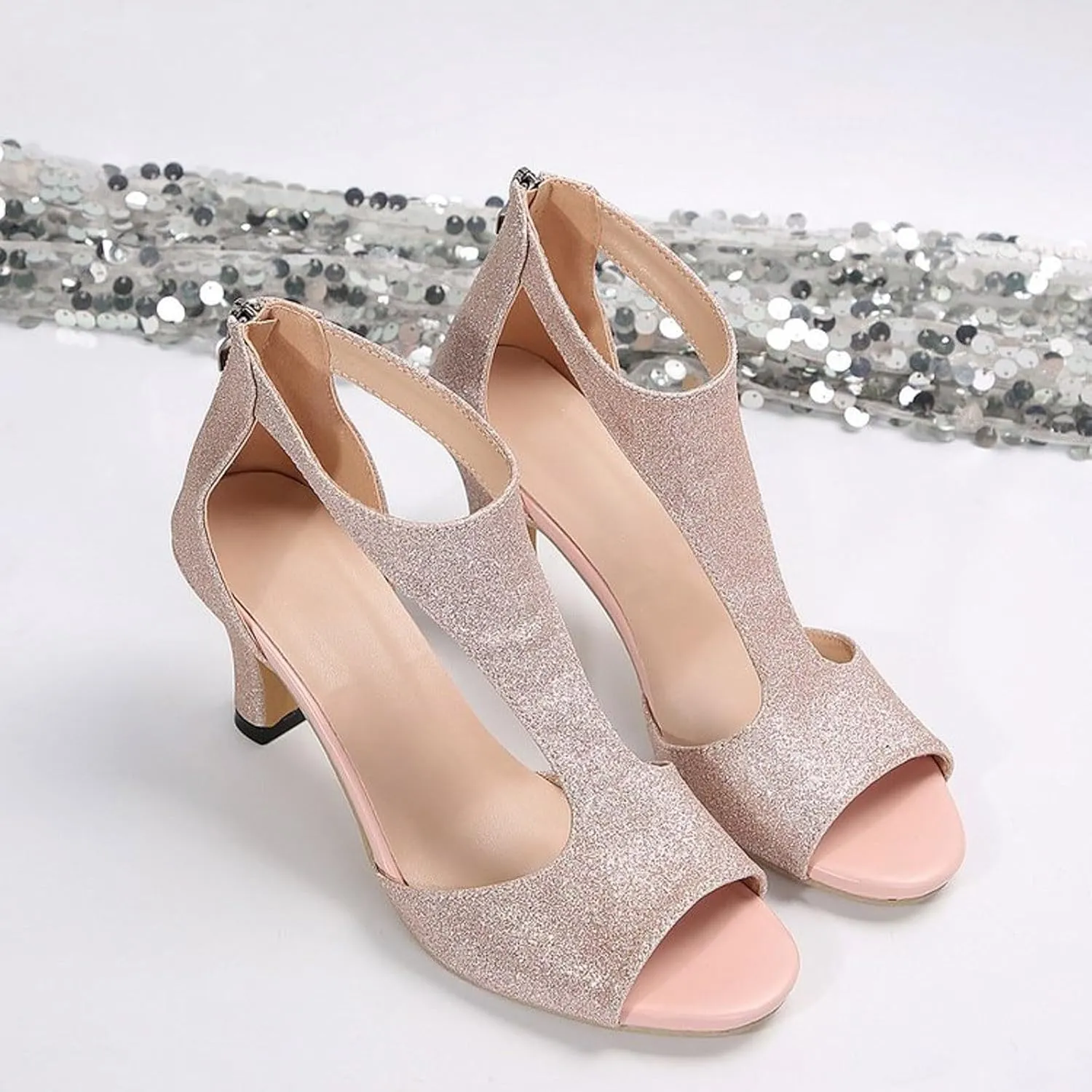 Sparkly High Heels Womens Open Toe Pump Sandals Casual Dress Shoes T Strap Work Shoes Summer Block Heel Sandals