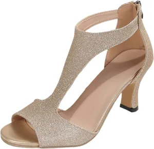 Sparkly High Heels Womens Open Toe Pump Sandals Casual Dress Shoes T Strap Work Shoes Summer Block Heel Sandals