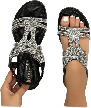 Sparkly Sandals for Women Rhinestones, Womens T-Strap Buckle Bohemian Pearl Crystal Flat Sandals Wide Width Comfort Walking Non Slip Casual Summer Beach Dress Shoes Ankle Strap Elastic Flats