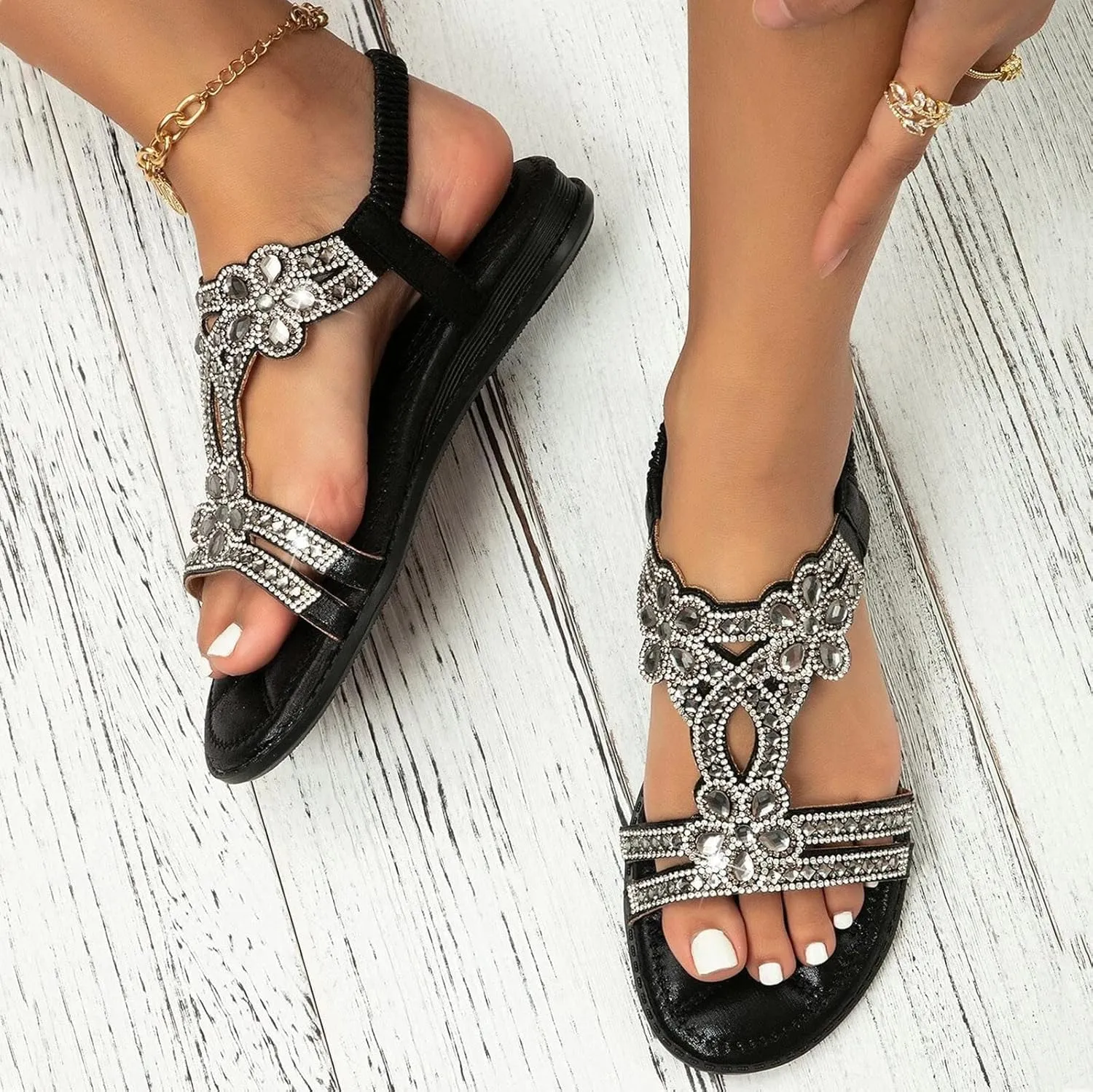 Sparkly Sandals for Women Rhinestones, Womens T-Strap Buckle Bohemian Pearl Crystal Flat Sandals Wide Width Comfort Walking Non Slip Casual Summer Beach Dress Shoes Ankle Strap Elastic Flats
