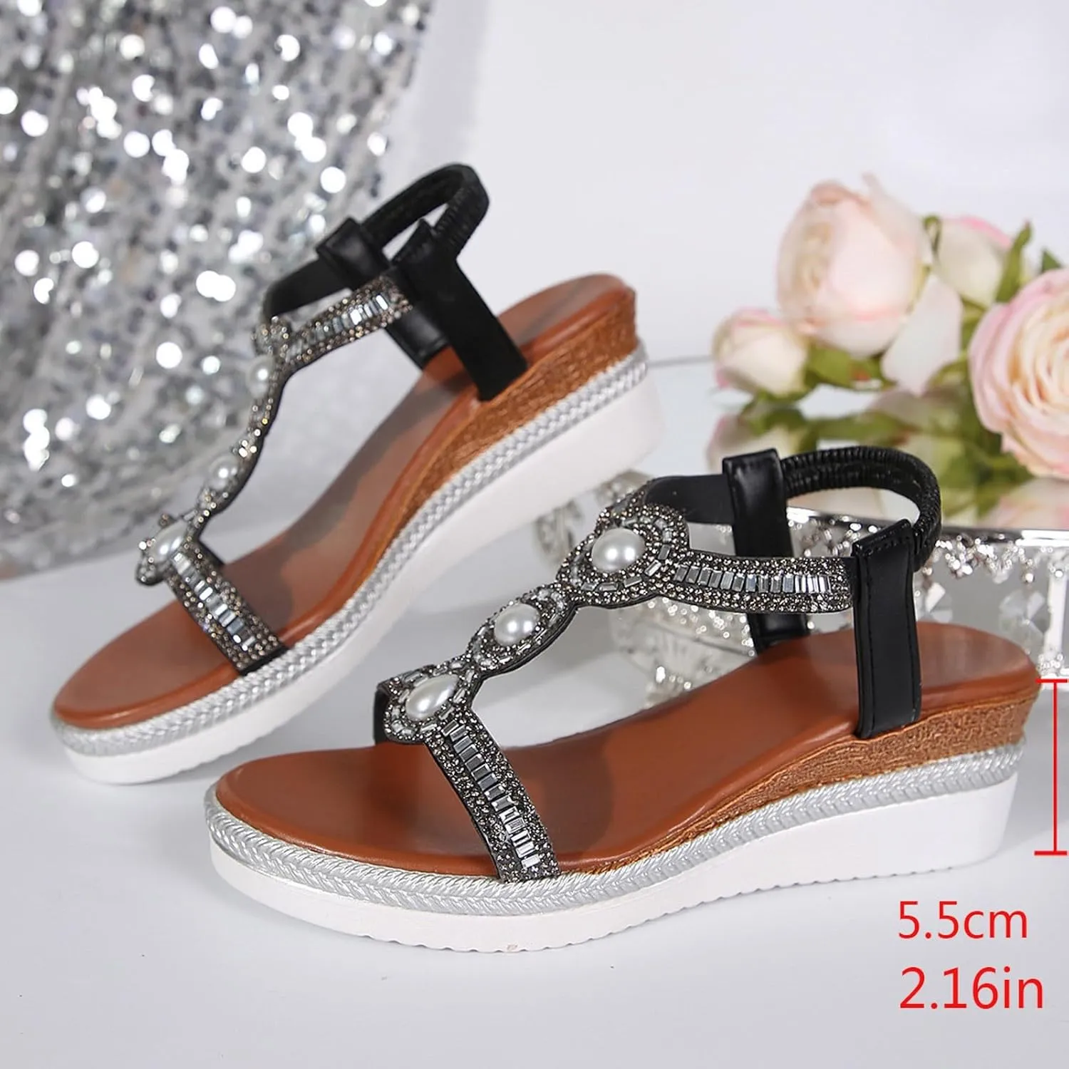 Spring And Summer Women's Thick Soled Wedge Heel Rhinestone Glossy Fashion Outer Platform Sandals for Women Low Heel