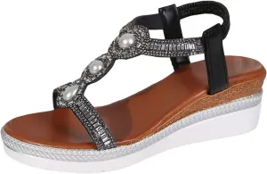 Spring And Summer Women's Thick Soled Wedge Heel Rhinestone Glossy Fashion Outer Platform Sandals for Women Low Heel