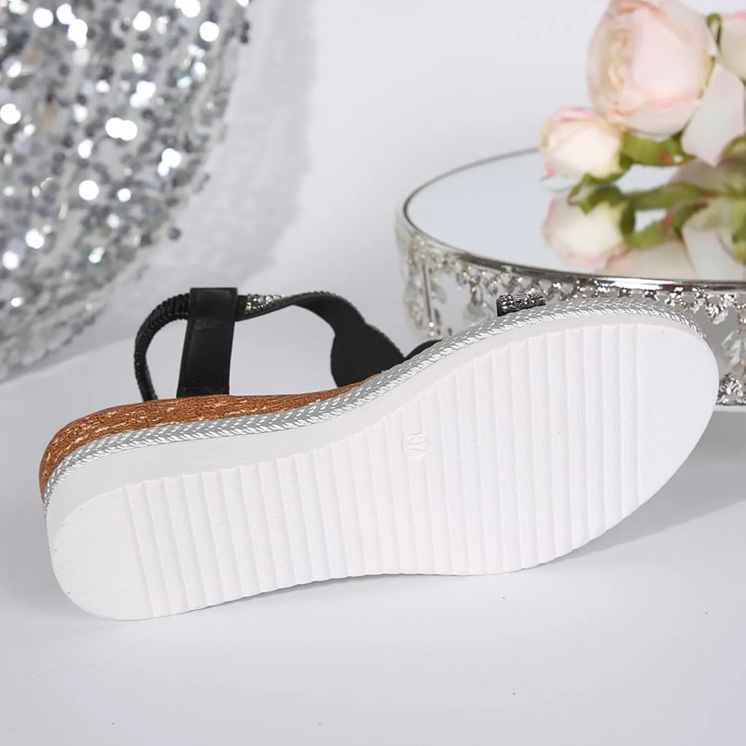 Spring And Summer Women's Thick Soled Wedge Heel Rhinestone Glossy Fashion Outer Platform Sandals for Women Low Heel