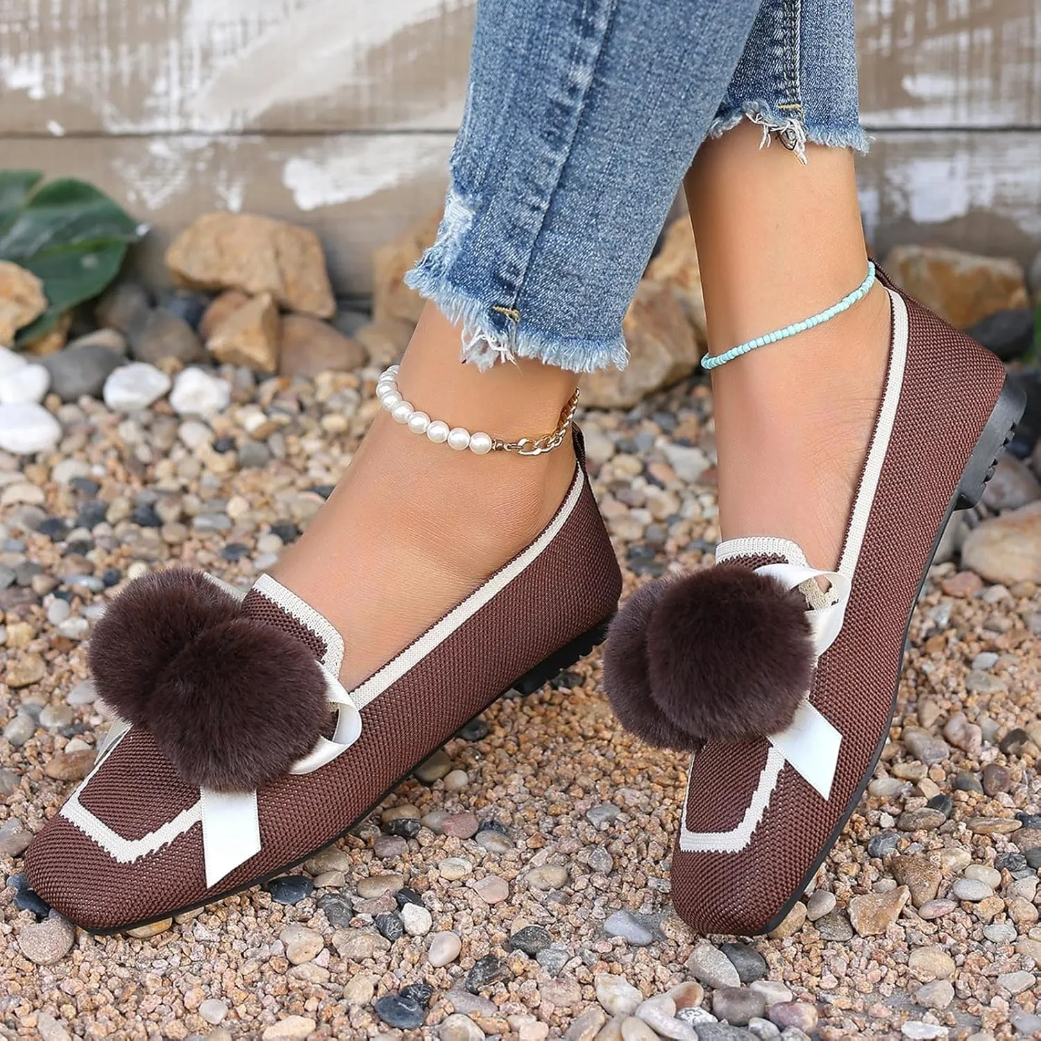 Square Toe Flats for Women Knit Dress Flats Dressy Ballet Flat Slip On Loafers Business Casual Flats Office Shoes