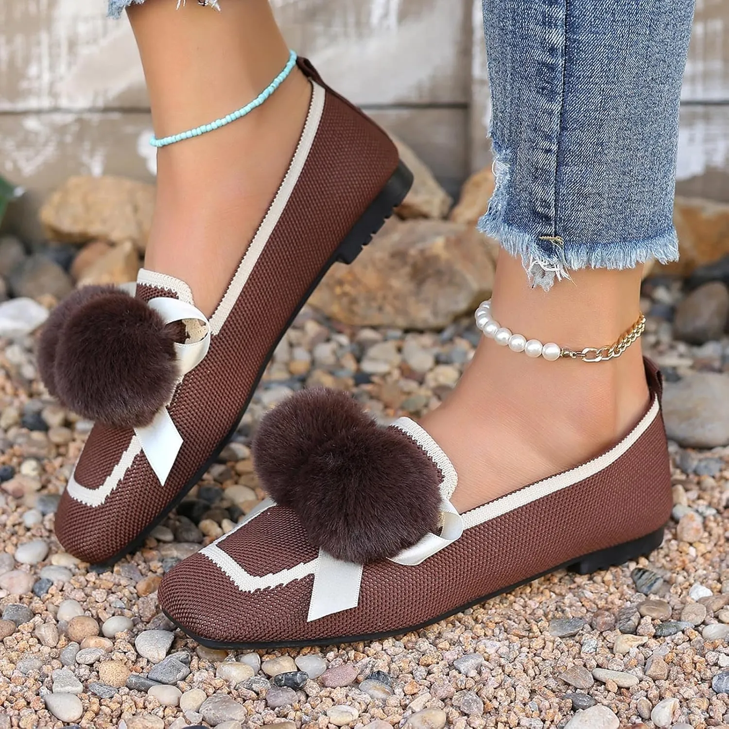 Square Toe Flats for Women Knit Dress Flats Dressy Ballet Flat Slip On Loafers Business Casual Flats Office Shoes