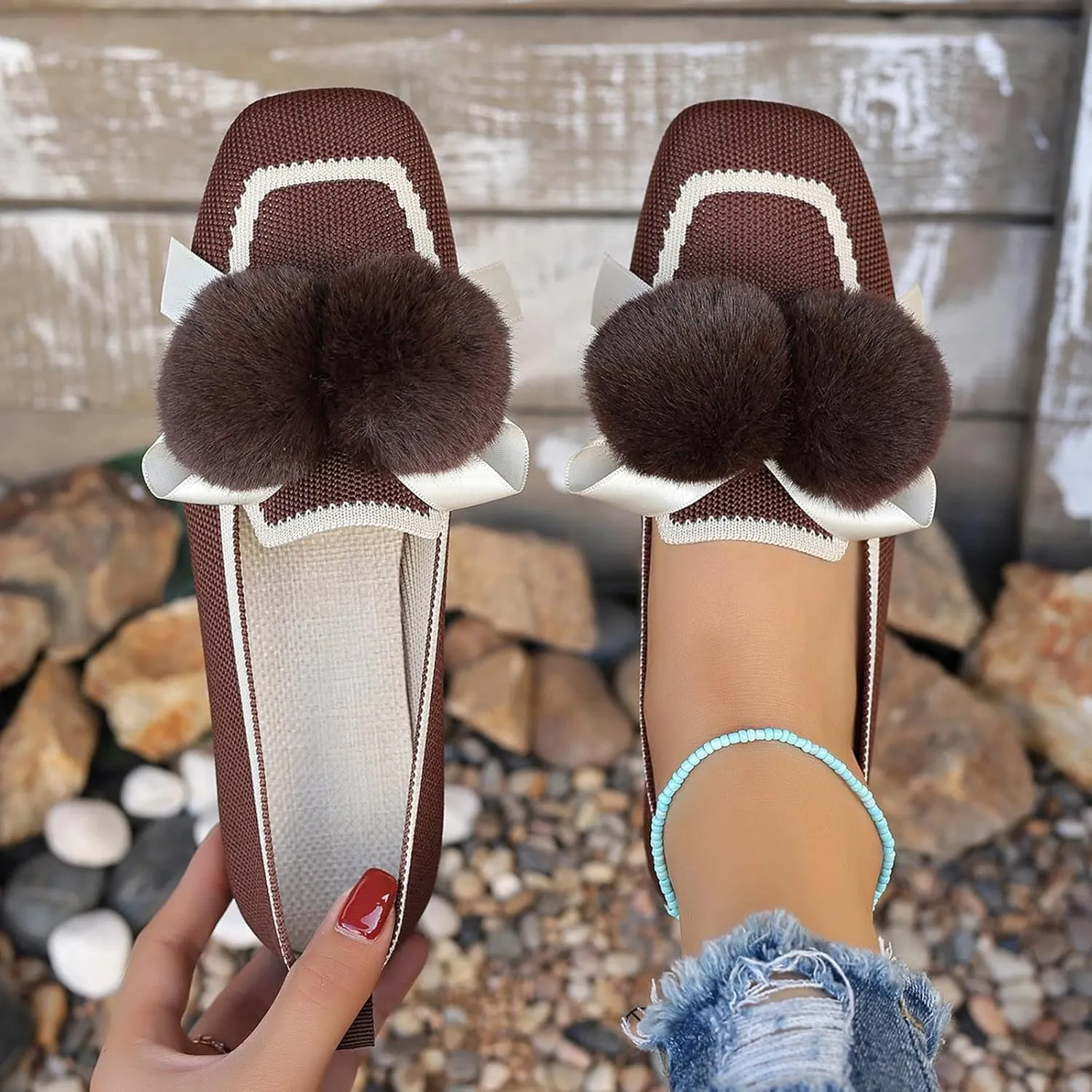 Square Toe Flats for Women Knit Dress Flats Dressy Ballet Flat Slip On Loafers Business Casual Flats Office Shoes