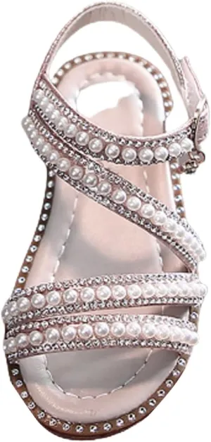 Strap Beaded Pearl Sequins Sandals for Girls Kids Princess Rubber Flat Wide Shoes Wedding Dance Open Toe Sandals Fancy