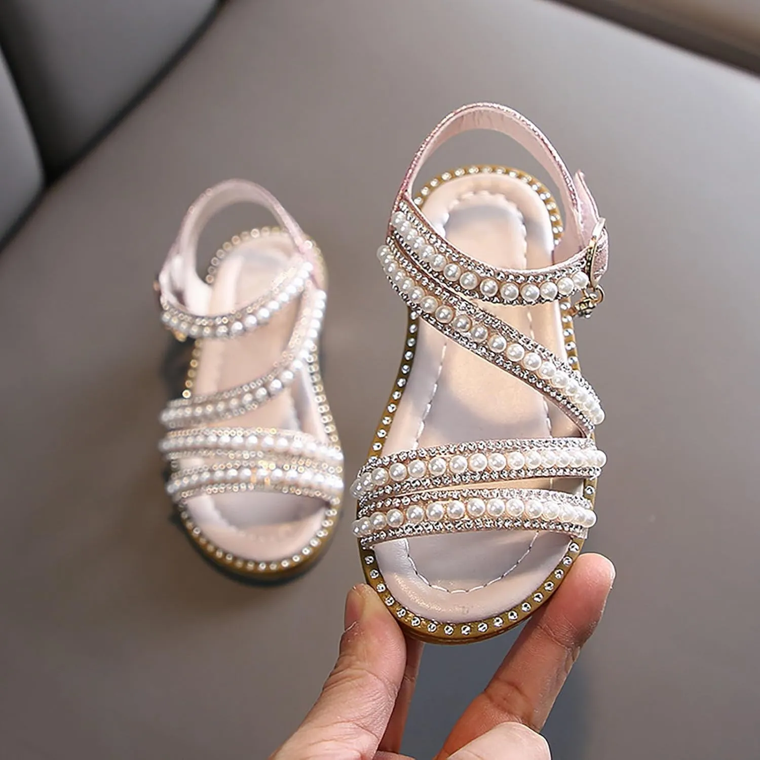 Strap Beaded Pearl Sequins Sandals for Girls Kids Princess Rubber Flat Wide Shoes Wedding Dance Open Toe Sandals Fancy