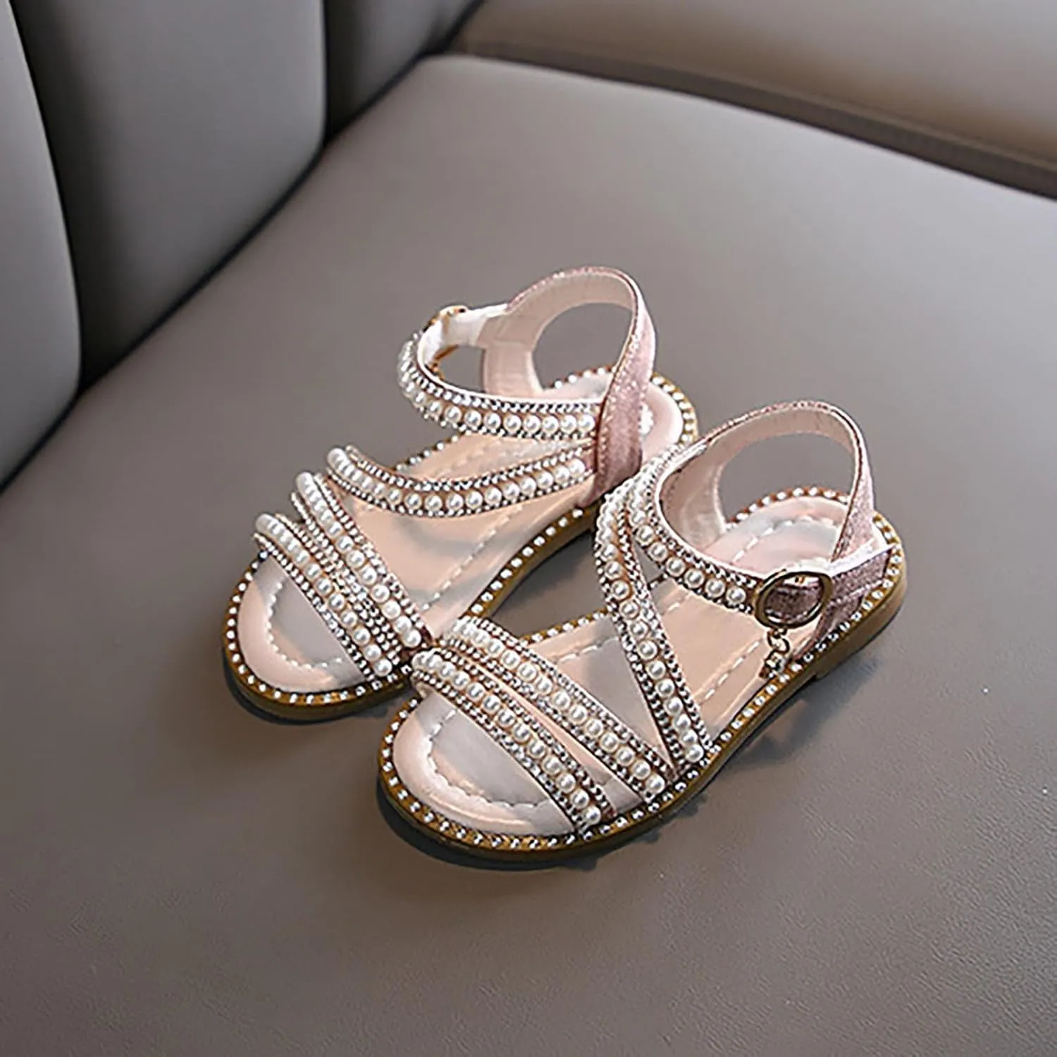 Strap Beaded Pearl Sequins Sandals for Girls Kids Princess Rubber Flat Wide Shoes Wedding Dance Open Toe Sandals Fancy
