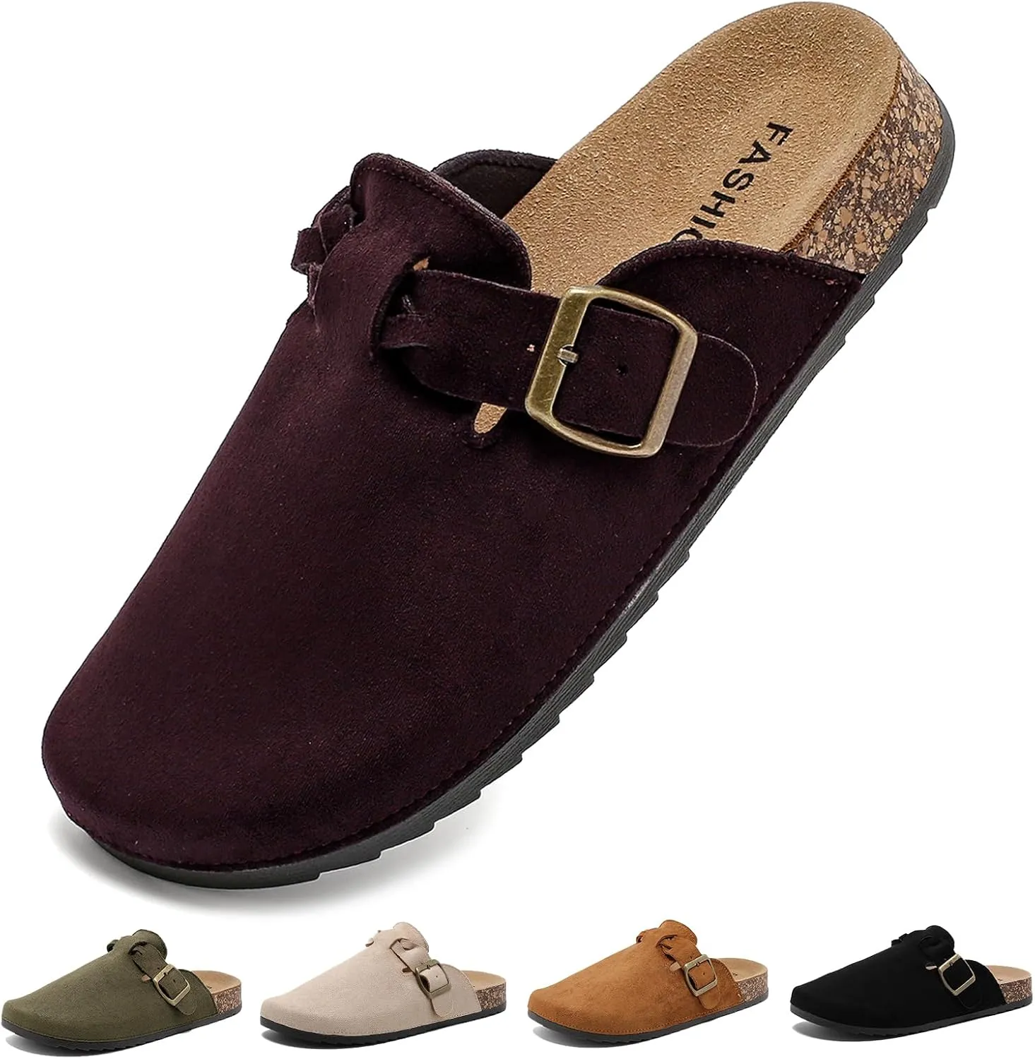 Suede Clogs for Women Men - Soft Cork Footbed Leather Mules with Arch Support, Adjustable Buckle Comfort Potato Shoes, Sandal Slippers