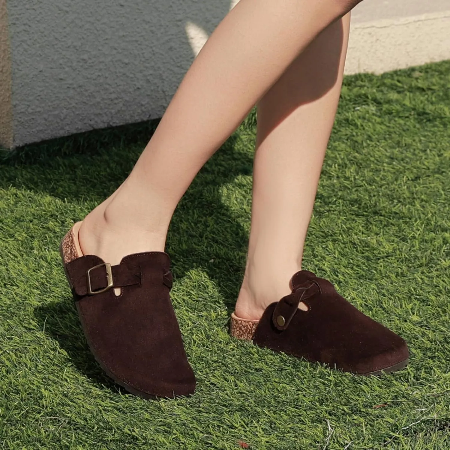 Suede Clogs for Women Men - Soft Cork Footbed Leather Mules with Arch Support, Adjustable Buckle Comfort Potato Shoes, Sandal Slippers
