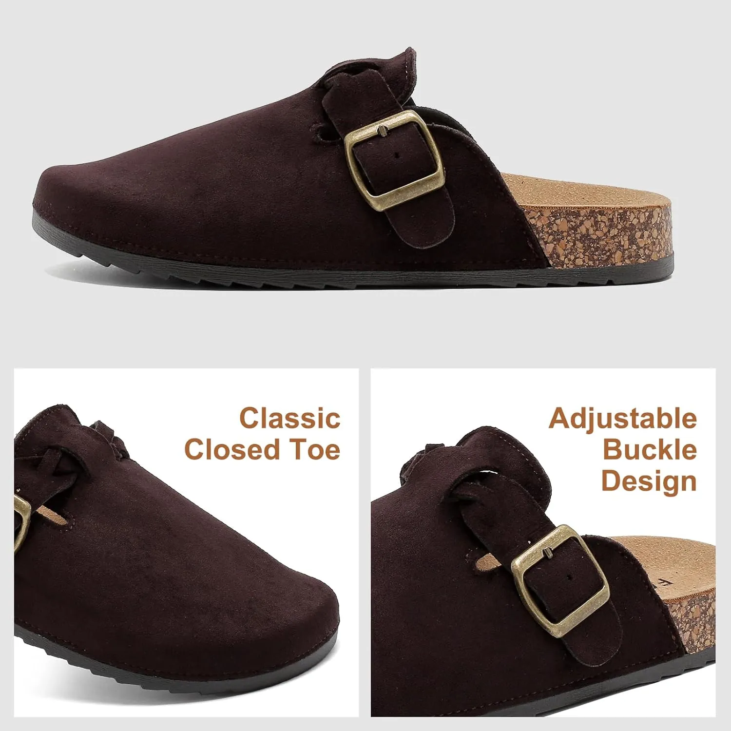 Suede Clogs for Women Men - Soft Cork Footbed Leather Mules with Arch Support, Adjustable Buckle Comfort Potato Shoes, Sandal Slippers