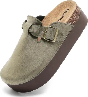 Suede Platform Clogs Women, Closed Toe Slippers Slides Sandals, Potato Shoes with Adjustable Buckle, Non Slip On Mules
