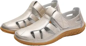 Summer Casual Closed Toe Leather Sandals for Women Comfort Softsole Ankle Strap Orthopedic Beach Shoes Arch Support Slip On Sandal