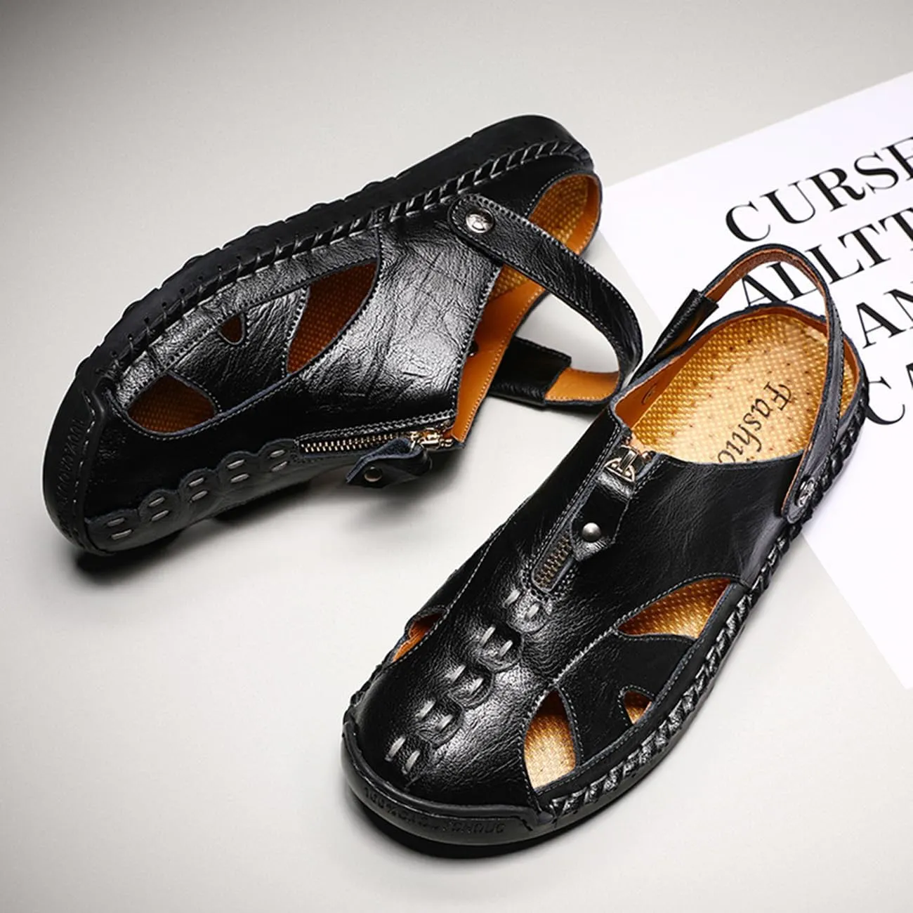 Summer Leather Sandals for Men Closed-Toe Outdoor Beach Shoes Anti-Slip Flat Slide with Arch Support for Everyday