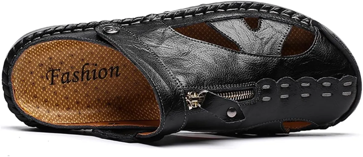 Summer Leather Sandals for Men Closed-Toe Outdoor Beach Shoes Anti-Slip Flat Slide with Arch Support for Everyday