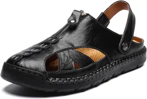 Summer Leather Sandals for Men Closed-Toe Outdoor Beach Shoes Anti-Slip Flat Slide with Arch Support for Everyday