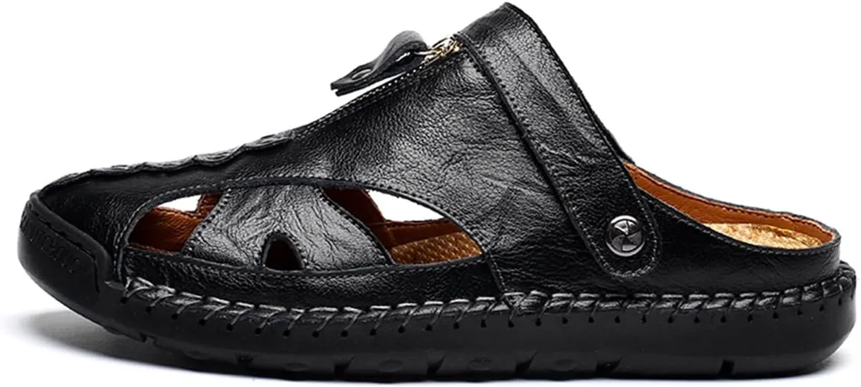 Summer Leather Sandals for Men Closed-Toe Outdoor Beach Shoes Anti-Slip Flat Slide with Arch Support for Everyday