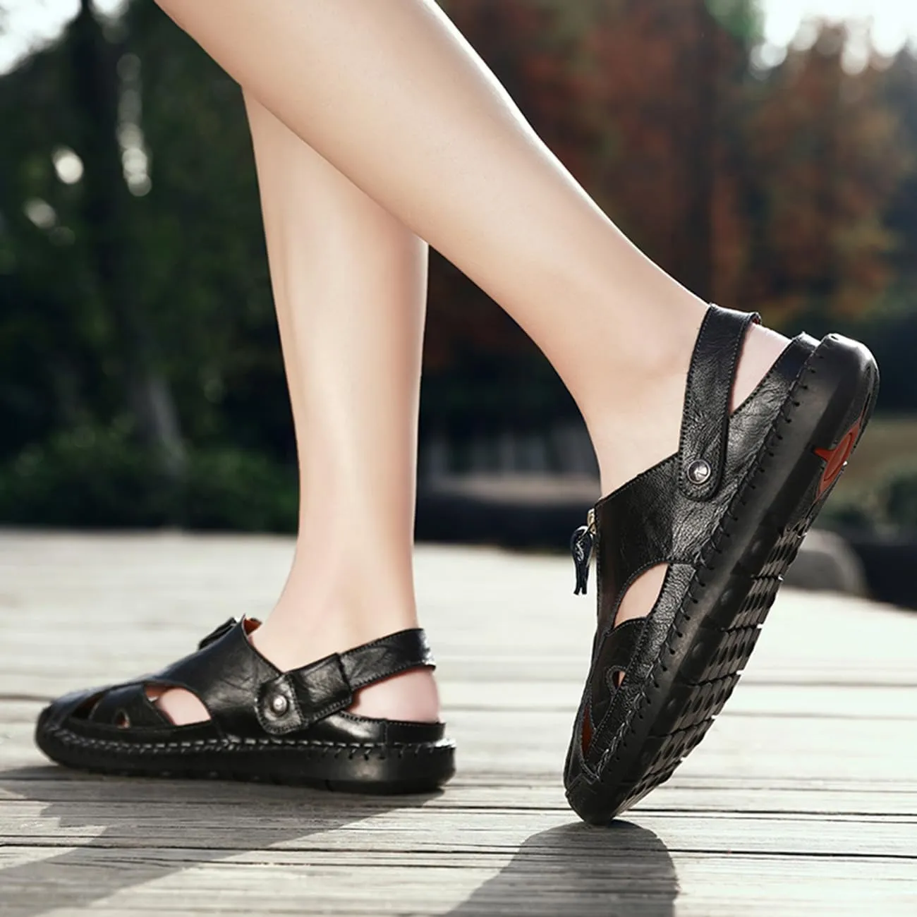 Summer Leather Sandals for Men Closed-Toe Outdoor Beach Shoes Anti-Slip Flat Slide with Arch Support for Everyday