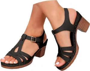 Summer Sandals for Women 2025 Open Toe Solid Color Hollow Classic Casual Chunky Heeled Comfortable Fashionable High Heels Shoes for Beach Vacation Travel Walking