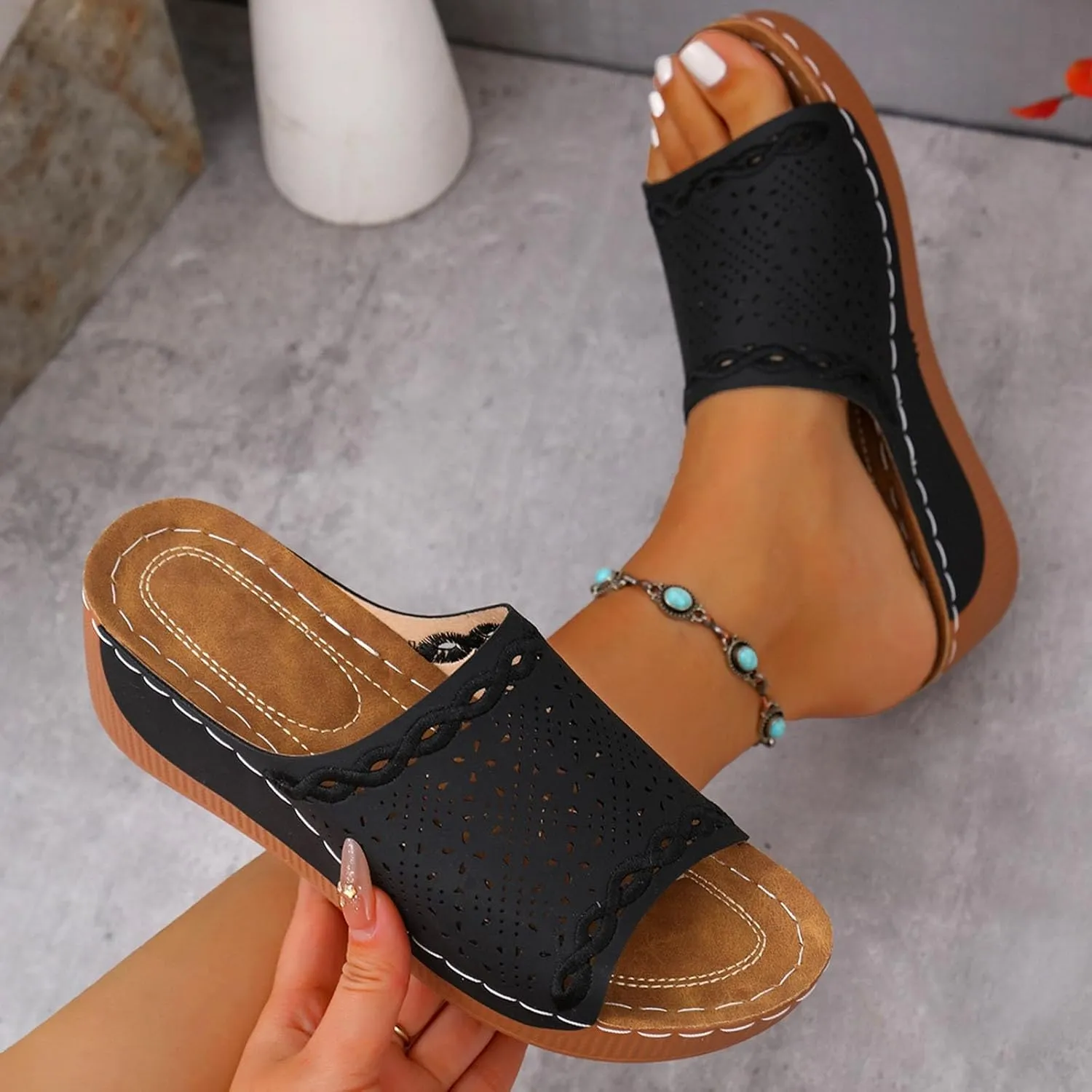 Summer Sandals for Women 2025 Platform Wedge Comfortable Arch Support Slides Leather Wedge Shoes Slip Walking Sandals