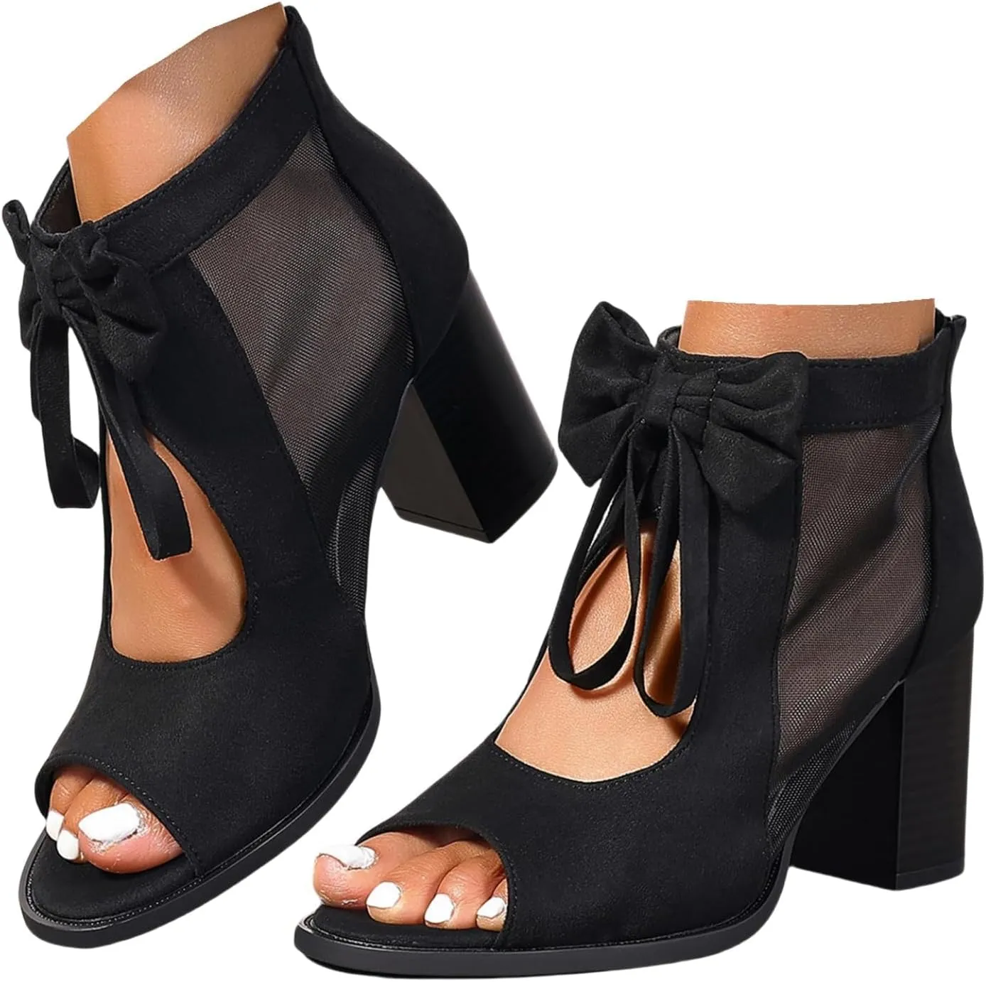 Summer Sandals for Women Ankle Strap Chunky High Heel Bow Fish Mouth Open Toe Sandal Breathable Backless Slingback Comfortable Dress Shoes Cut Out Mesh Strappy Block Heels Peep Boots Booties