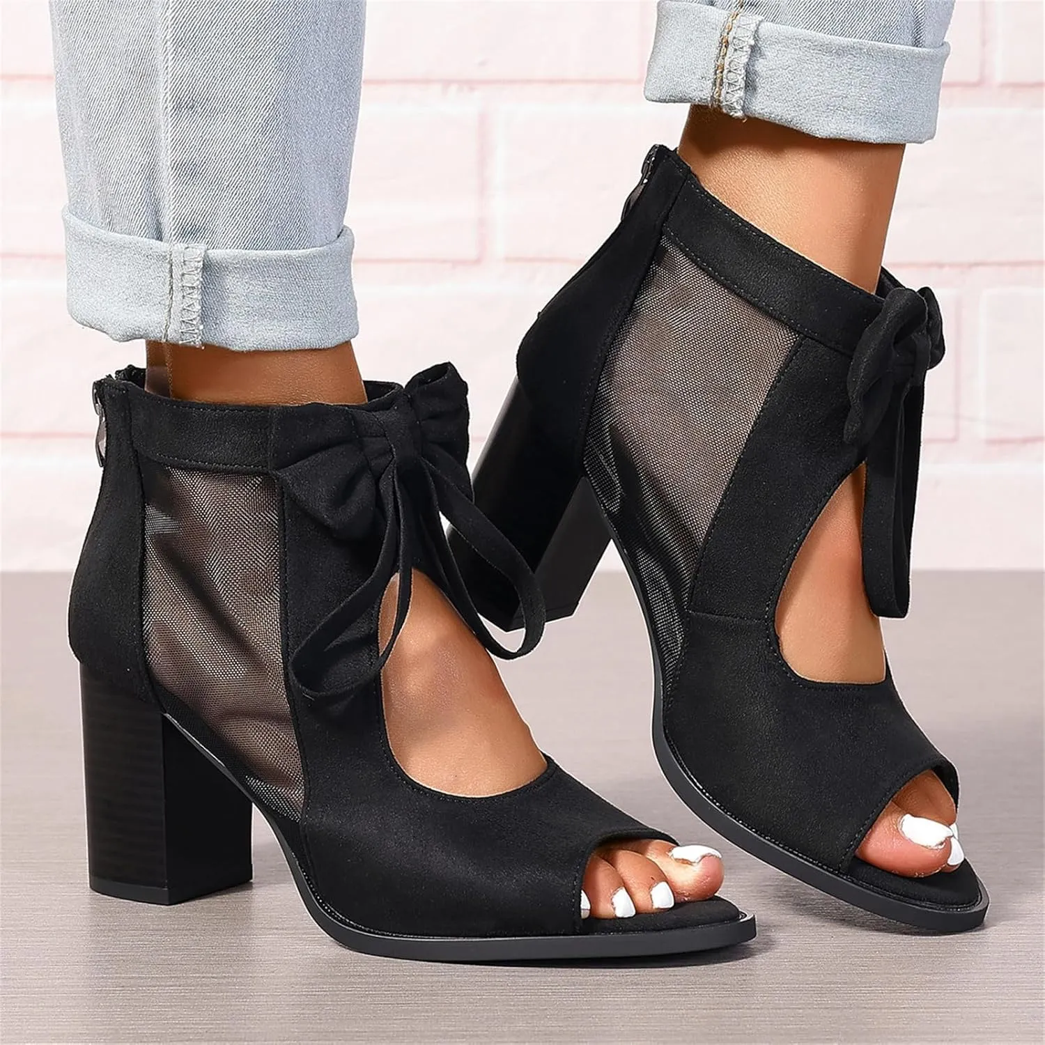 Summer Sandals for Women Ankle Strap Chunky High Heel Bow Fish Mouth Open Toe Sandal Breathable Backless Slingback Comfortable Dress Shoes Cut Out Mesh Strappy Block Heels Peep Boots Booties