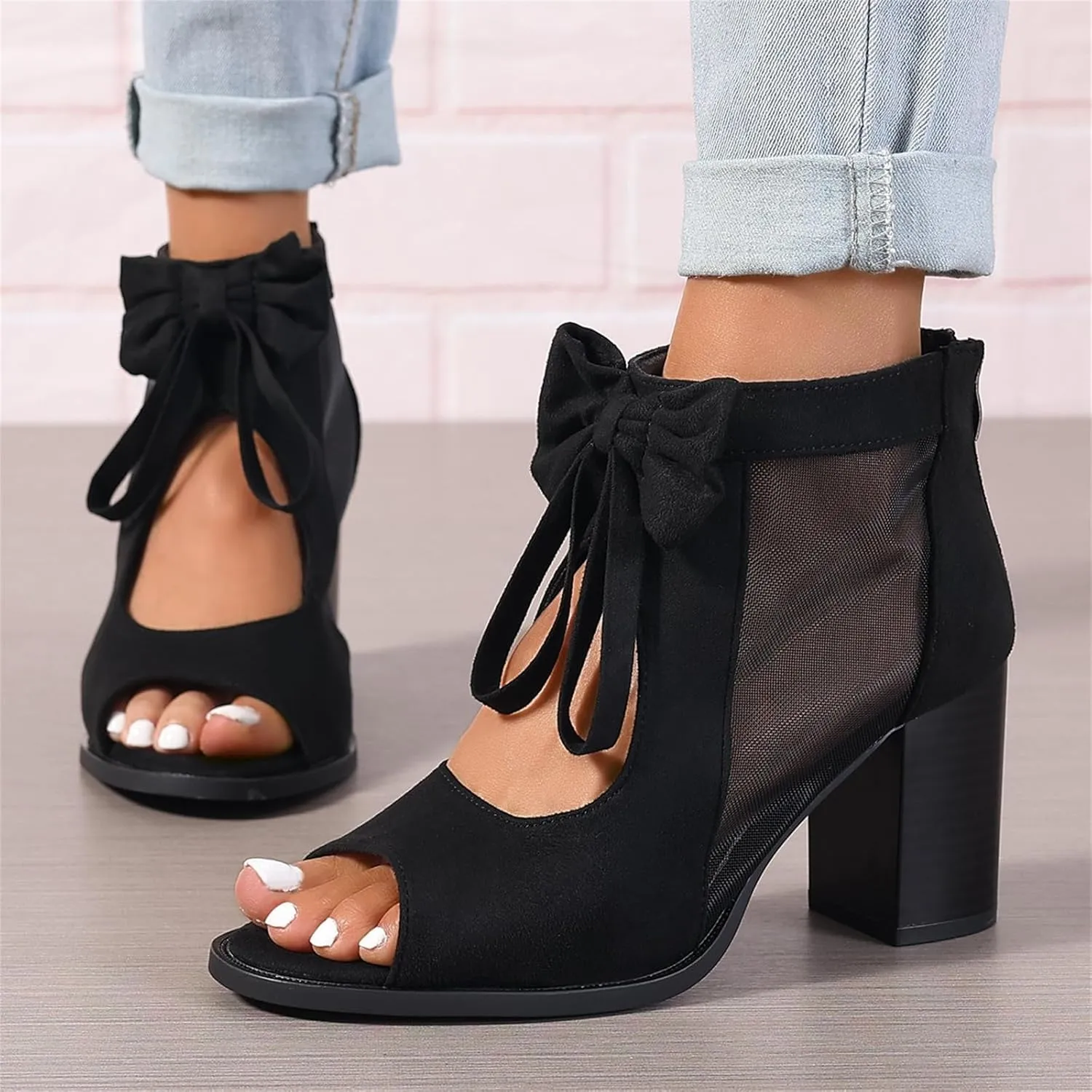 Summer Sandals for Women Ankle Strap Chunky High Heel Bow Fish Mouth Open Toe Sandal Breathable Backless Slingback Comfortable Dress Shoes Cut Out Mesh Strappy Block Heels Peep Boots Booties