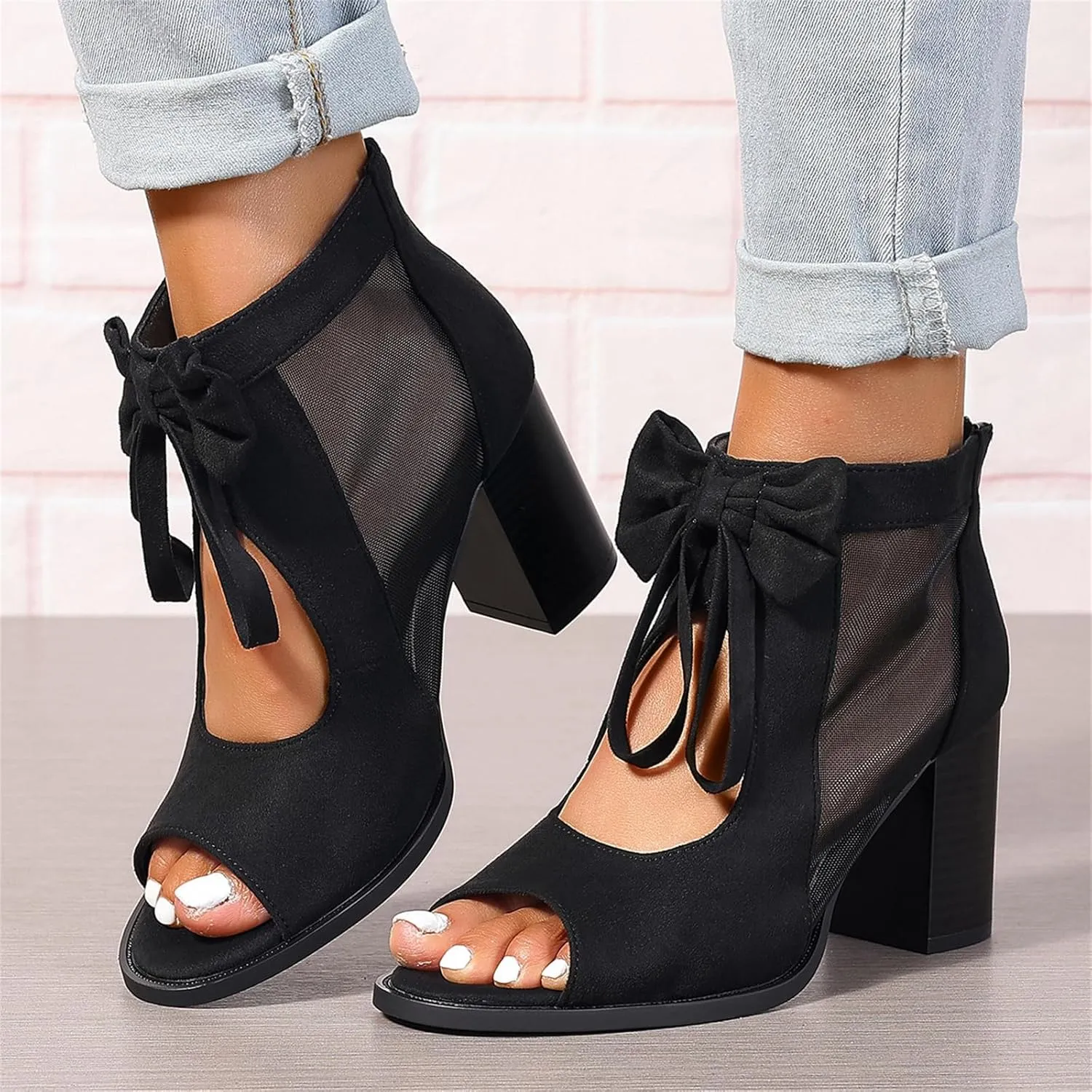 Summer Sandals for Women Ankle Strap Chunky High Heel Bow Fish Mouth Open Toe Sandal Breathable Backless Slingback Comfortable Dress Shoes Cut Out Mesh Strappy Block Heels Peep Boots Booties