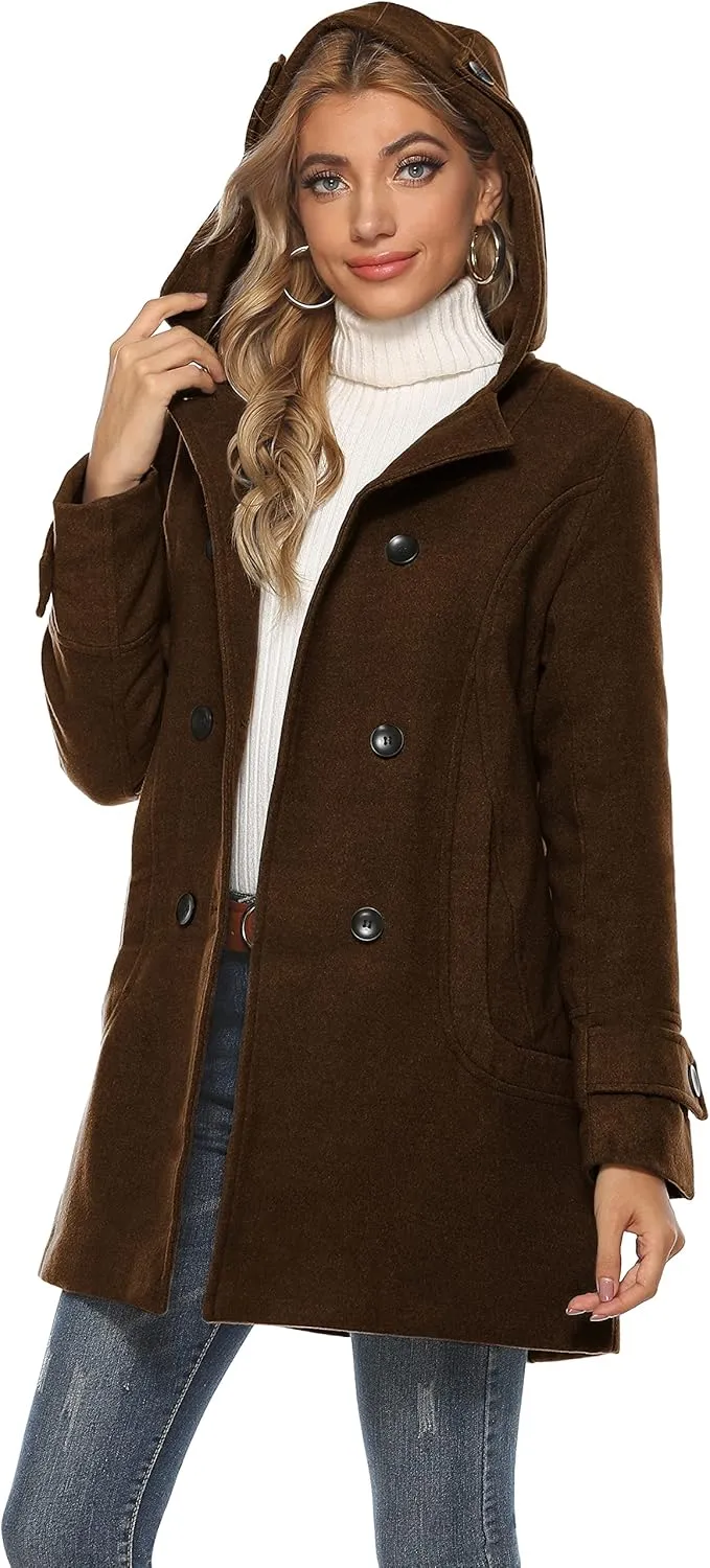 Tanming Women's Warm Double Breasted Wool Pea Coat Trench Coat Jacket with Hood