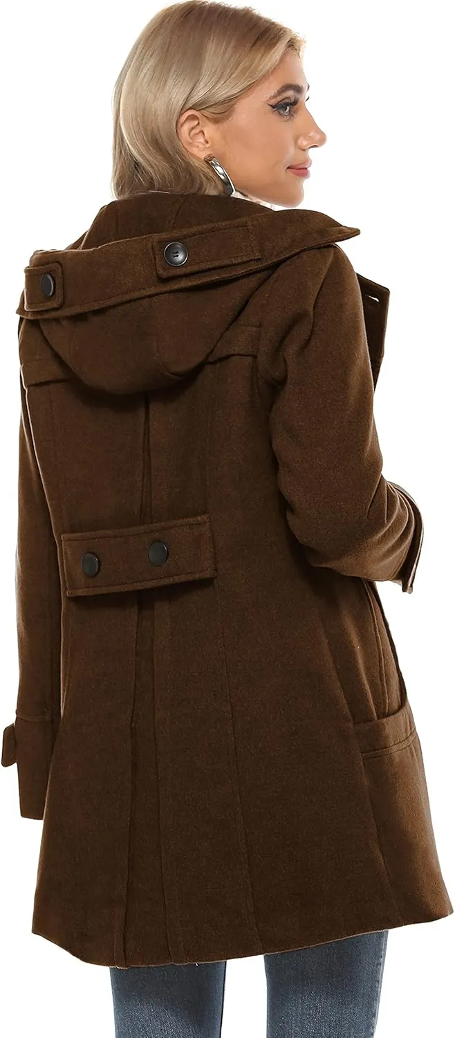 Tanming Women's Warm Double Breasted Wool Pea Coat Trench Coat Jacket with Hood