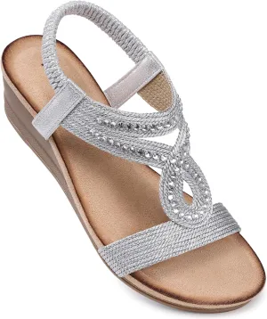 TEMOFON Wedge Sandals for Women Dressy: Low Wedge Sandals Women Comfortable Dressy Walking - Summer Casual Elastic Strappy Open Toe Rhinestone Shoes