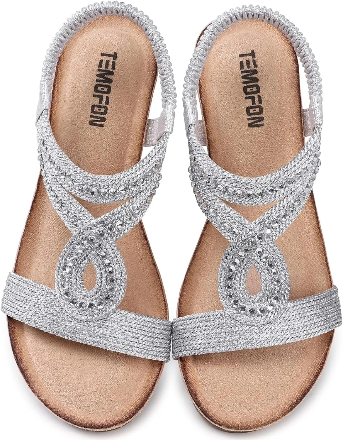 TEMOFON Wedge Sandals for Women Dressy: Low Wedge Sandals Women Comfortable Dressy Walking - Summer Casual Elastic Strappy Open Toe Rhinestone Shoes