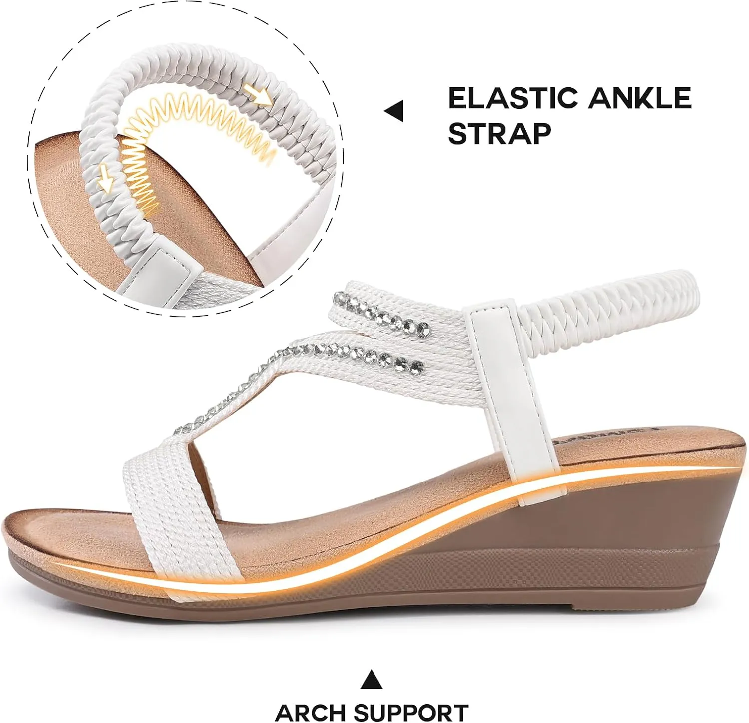 TEMOFON Wedge Sandals for Women Dressy: Low Wedge Sandals Women Comfortable Dressy Walking - Summer Casual Elastic Strappy Open Toe Rhinestone Shoes