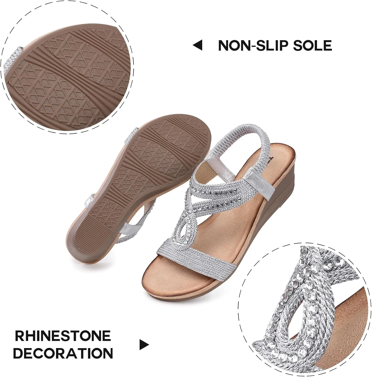 TEMOFON Wedge Sandals for Women Dressy: Low Wedge Sandals Women Comfortable Dressy Walking - Summer Casual Elastic Strappy Open Toe Rhinestone Shoes