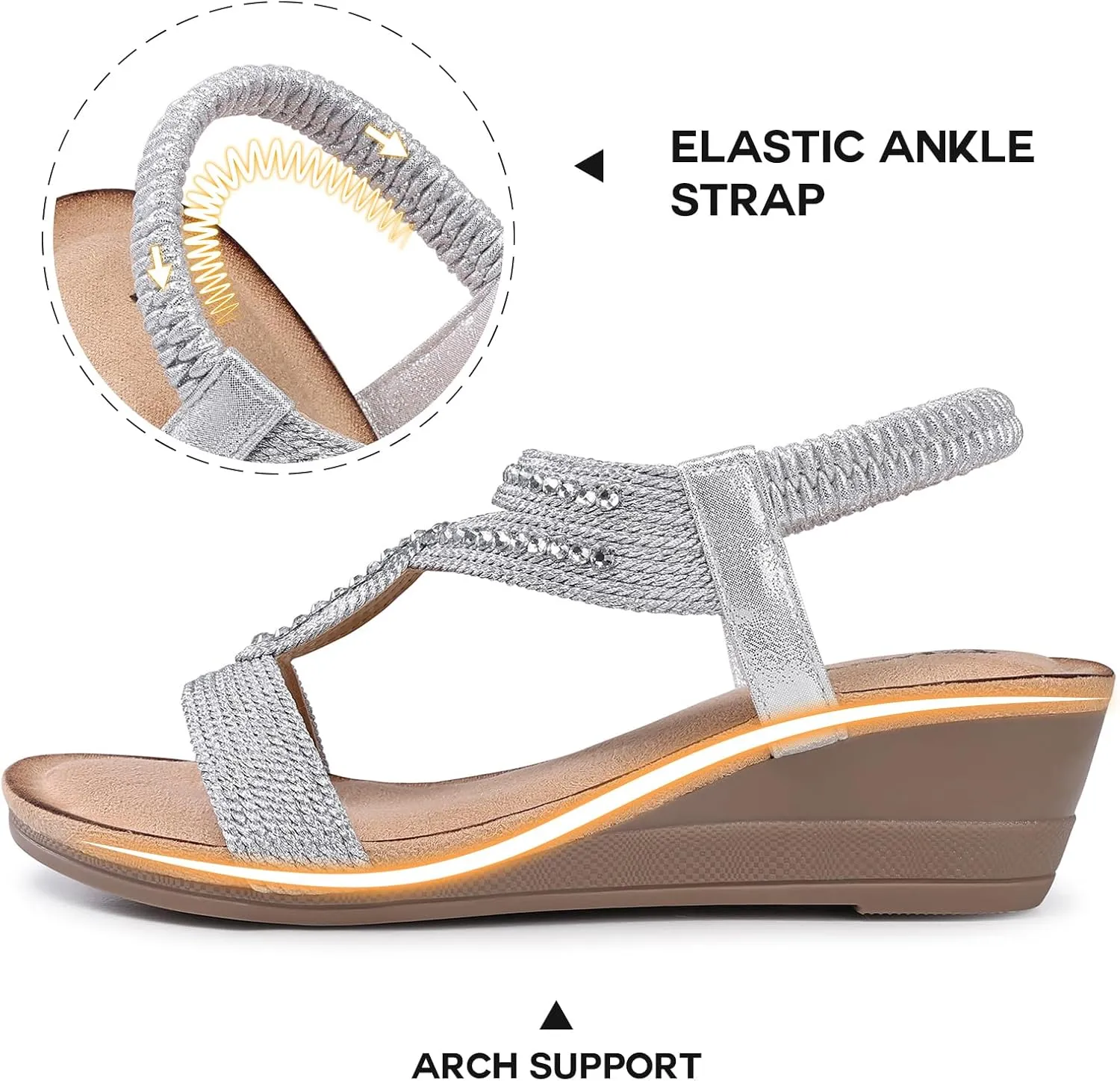 TEMOFON Wedge Sandals for Women Dressy: Low Wedge Sandals Women Comfortable Dressy Walking - Summer Casual Elastic Strappy Open Toe Rhinestone Shoes